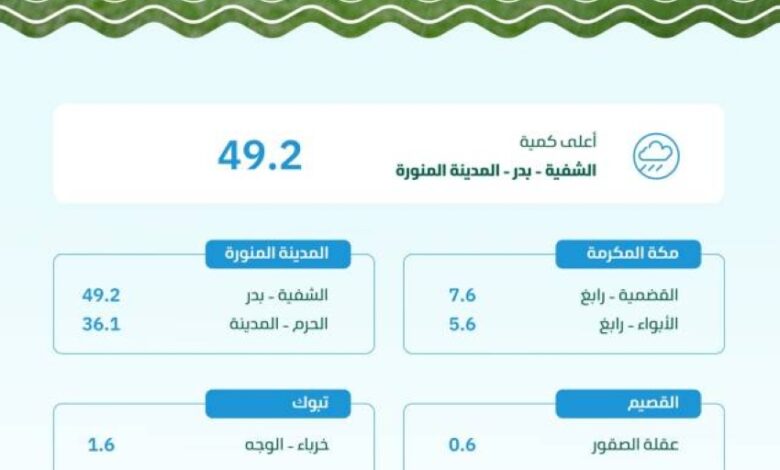 "وزارة البيئة": المدينة المنورة تسجّل أعلى كمية أمطار بـ 49,2 ملم