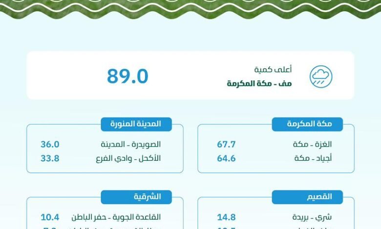 4-76-780x470 "البيئة": (136) محطة ترصد هطول أمطار في (9) مناطق.. ومنى بمكة المكرمة تسجّل أعلى كمية بـ (89) ملم