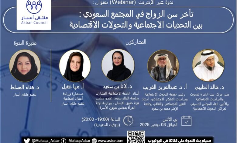 ملتقى أسبار ينظم ندوة حول “تأخر سن الزواج في المجتمع السعودي”