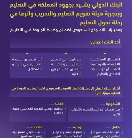 البنك الدولي يشيد بجهود المملكة في التعليم وبتجربة هيئة تقويم التعليم والتدريب وأثرها في رحلة تحول التعليم بالمملكة